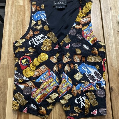 Vintage Nicole Miller Silk Vest Womens L Snacks Junk Food Cookies Oreos Novelty