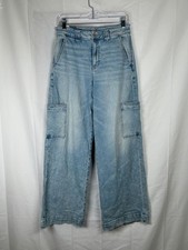 American Eagle Super High Rise Baggy Wide Leg Jeans Size 4 Light Blue Grunge