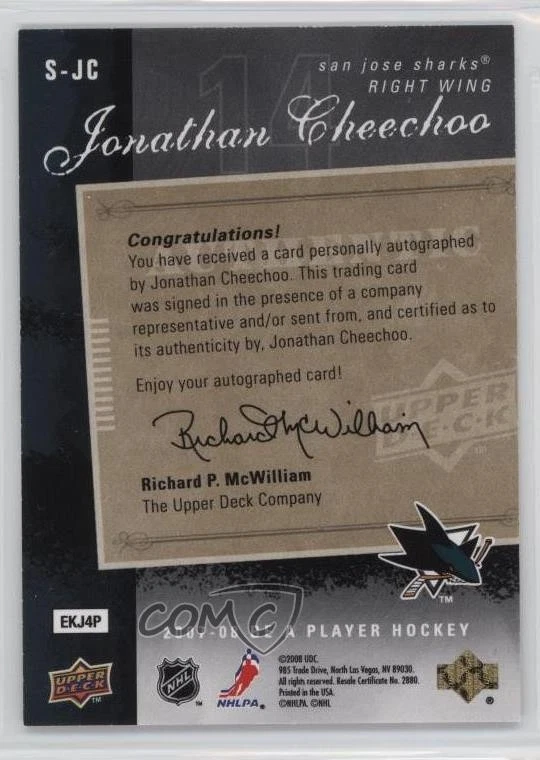 2007 Upper Deck Be a Player Signatures Player's Club /15 Jonathan Cheechoo Auto - Image 2 of 2