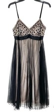SUE WONG NOCTURNE Black Nude Beaded Sequin Embellished Pleated Mesh Dress 6 US