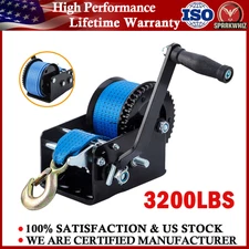 3200LBS Hand Winch Hand Crank 2 Gear Polyester Strap ATV Trailer Boat Heavy Duty