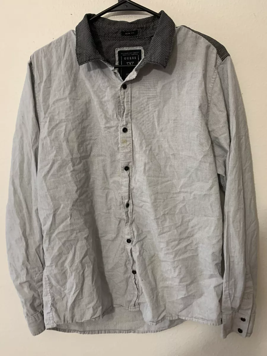 Guess Shirt Men s L Slim Fit Black White Cotton Striped Long
