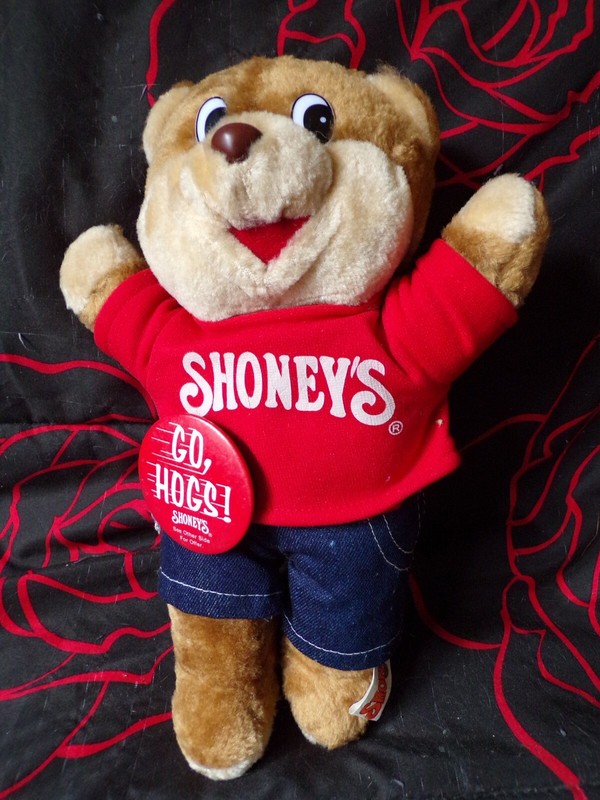 Shoney's Bear Plush 11" w/Go Hogs Button 1993 AR Razorback Stuffed Animal Toy