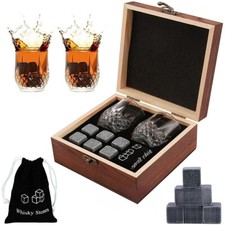 Whiskey Stones Gift Set with Glasses in Wooden Box   Dad Husband Present
