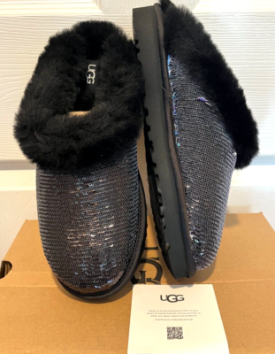 新品 UGG CLUGGETTE ムートン 25 US8 ブラック 黒 UGG CLUGGETTE PEARLIZED BLACK SHEARLING MOCASSIN SLIPPERS US 7