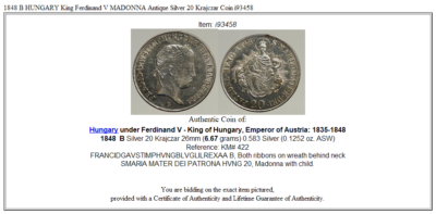 1848 B HUNGARY King Ferdinand V MADONNA Antique Silver 20 Krajczar