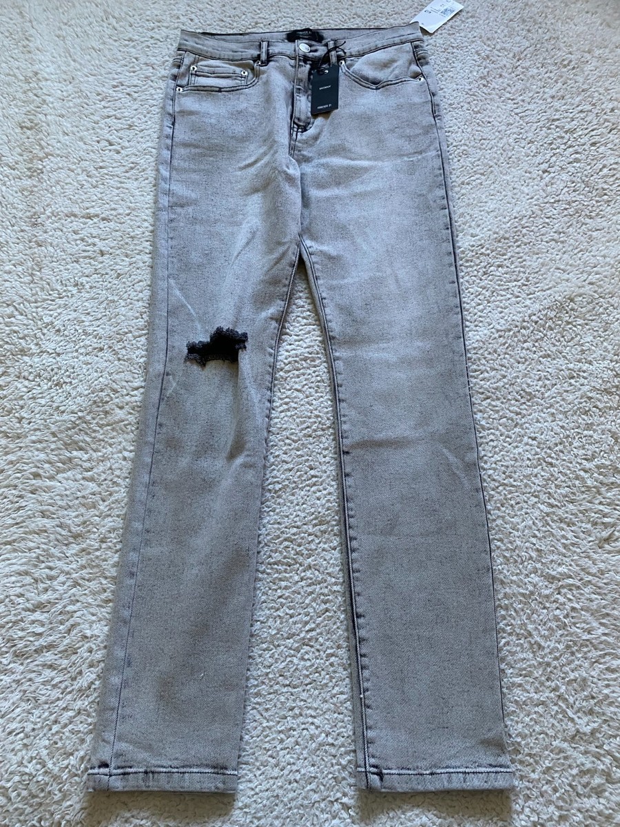 Forever 21 Women Mid-Rise Skinny Ripped Jeans Gray Size 32