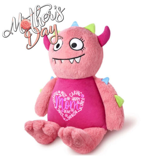 Mothers Day Gift Pink Monster Embroidered Bear  Birthday Baby Child Gift for Mum - Picture 1 of 6