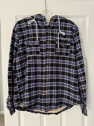 Womens Fleece Hoodie, Flannel Hooded Shirt, Plaid Button Down Hoodie Jacket - Picture 2 of 4