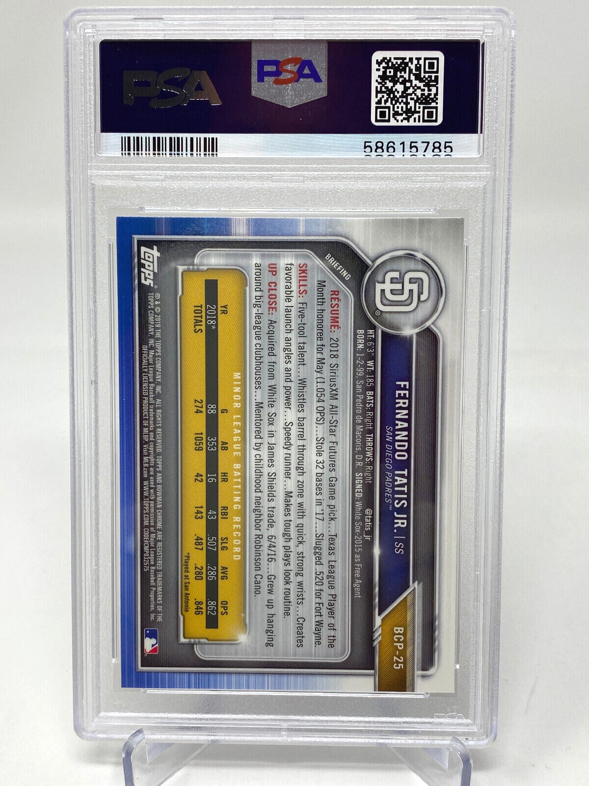 2019 Bowman #25 Fernando Tatis Jr. Rookie Card - PSA 10 view 4