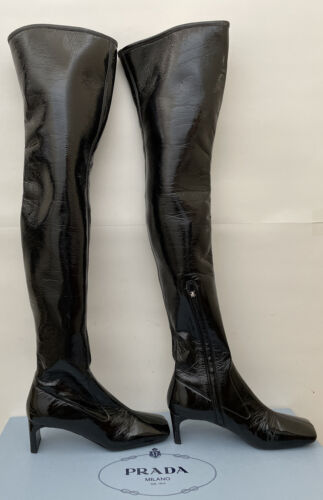 PRADA STRETCH FAUX PATENT LEATHER OVER THE KNEE THIGH HIGH BOOTS 6.5 36.5 NEW - Picture 1 of 15