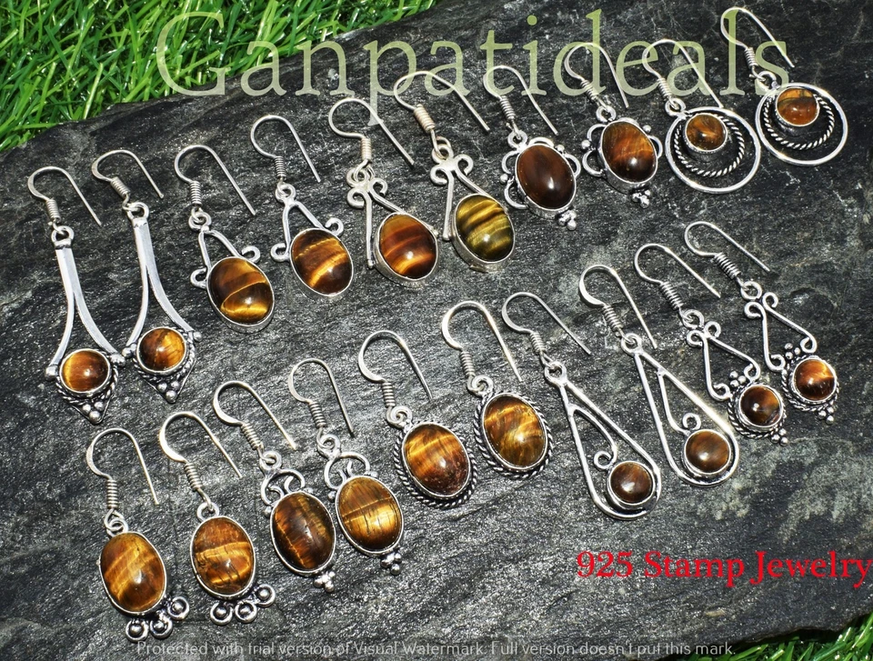 Tiger Eye Gemstone Earring Wholesale Lot 925 Sterling Silver Plated Earrings - Image 3 of 4