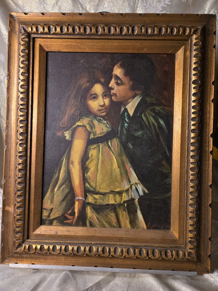 Vintage Oil on Canvas Framed-Signed "L. Perez 72"- Child Posing with Man - Image 3 of 4