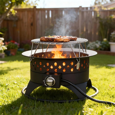 20  Outdoor Fire Pit with Grill, 60000 BTU Smokeless Firepit, External Propane R