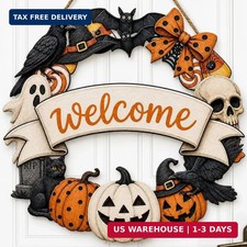 Halloween Welcome Wreath for Front Door Wooden Pumpkin Ghost Door Decor