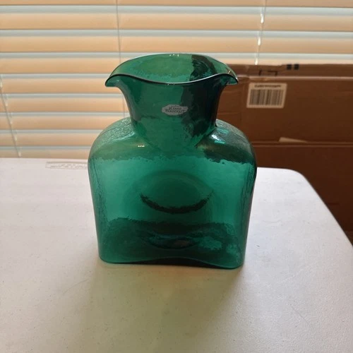 Richard Blenko Green Glass Double Spouted Pitcher Handcrafted In USA
