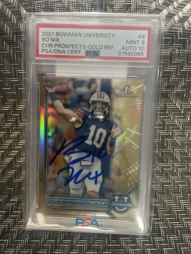 2021-22 Bowman University Chrome Gold Refractor Auto #8 Bo Nix 1st 10/50 PSA 9