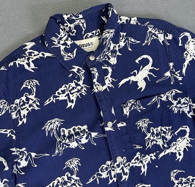 DEUS Ex Machina Shirt Small Blue Hawaiian Scorpion Beach Surfer Resort Viscose