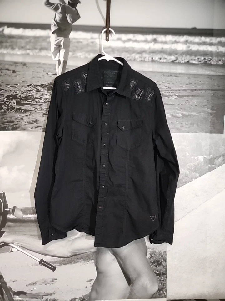 Camisa con botones Guess para hombre Western Pearl manga larga a presión negra - MEDIANA
