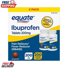 Equate Ibuprofen Tablets 200 mg, Pain Reliever/Fever Reducer, 2 Pack, 200 Count