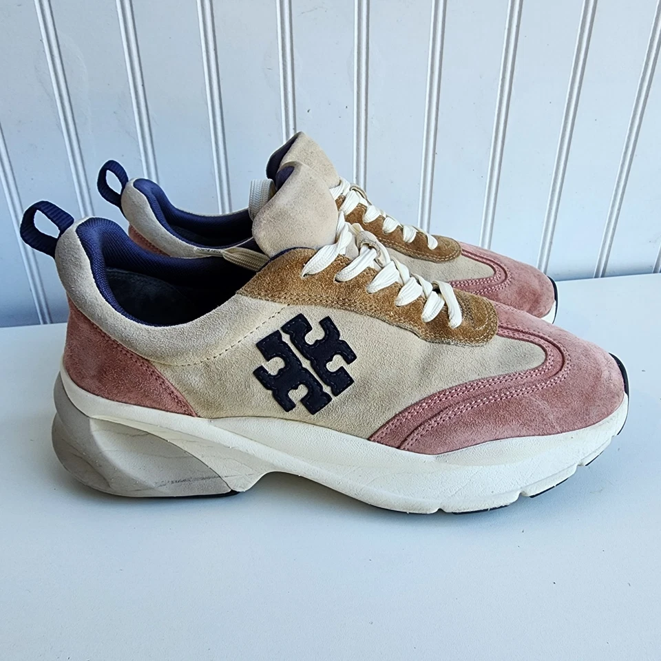 Tory Burch Good Luck Trainer Multi Panel Cream Navy Pink Suede Sneakers Sz 9 - Image 2 of 4