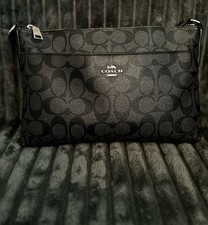 Coach Signature Black Canvas Crossbody Bag Leather Trim Adjustable Strap