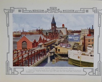 Antique Wells Street Bridge Chicago Illinois Color Art Print Downtown 1908