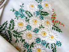 Vtg Hand Embroidered Floral Tablecloth 70x51  8 Matching Napkin-turquoise ivory