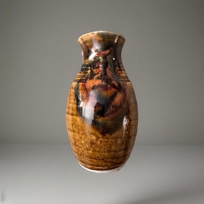 VTG MCM Art Pottery Brown Multi-color Drip Glaze Hand Turned, 7  Signed Vase