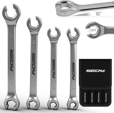 SEDY 4-Piece Flare Nut Wrench Set, Offset End Spanner Metric 9 10 11 12 13 14 15