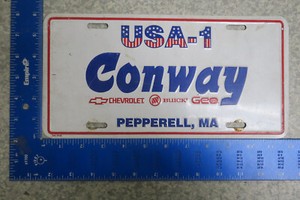 Massachusetts Booster License Plate Tag USA-1 Conway Pepperell Chevy Buick Geo