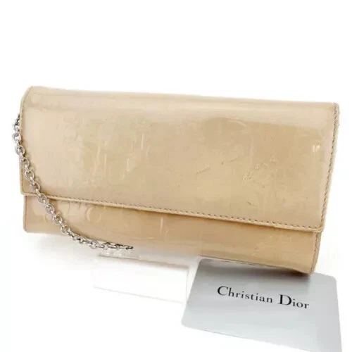 Christian Dior Portefeuille à Rabat Long Sac à Main Chaîne Trotteur Cuir Verni Beige Auth