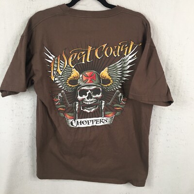 West Coast Choppers Shirt Mens Medium Brown Skull Helmet Wings