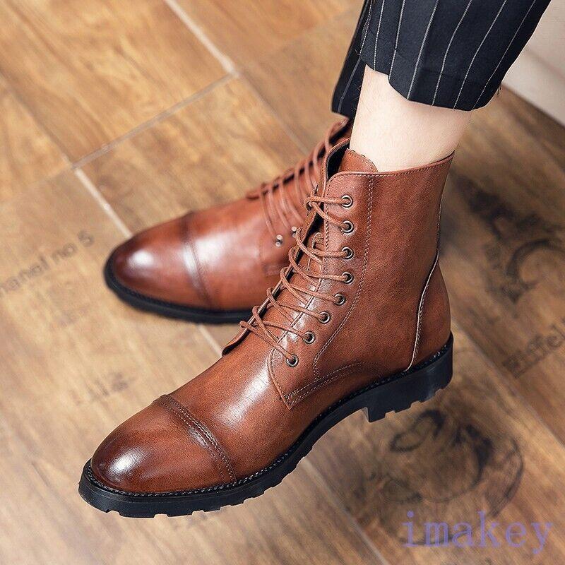 Mens Brogue Leather High Top Boots Lace Up Oxford Pointy Toe Dress