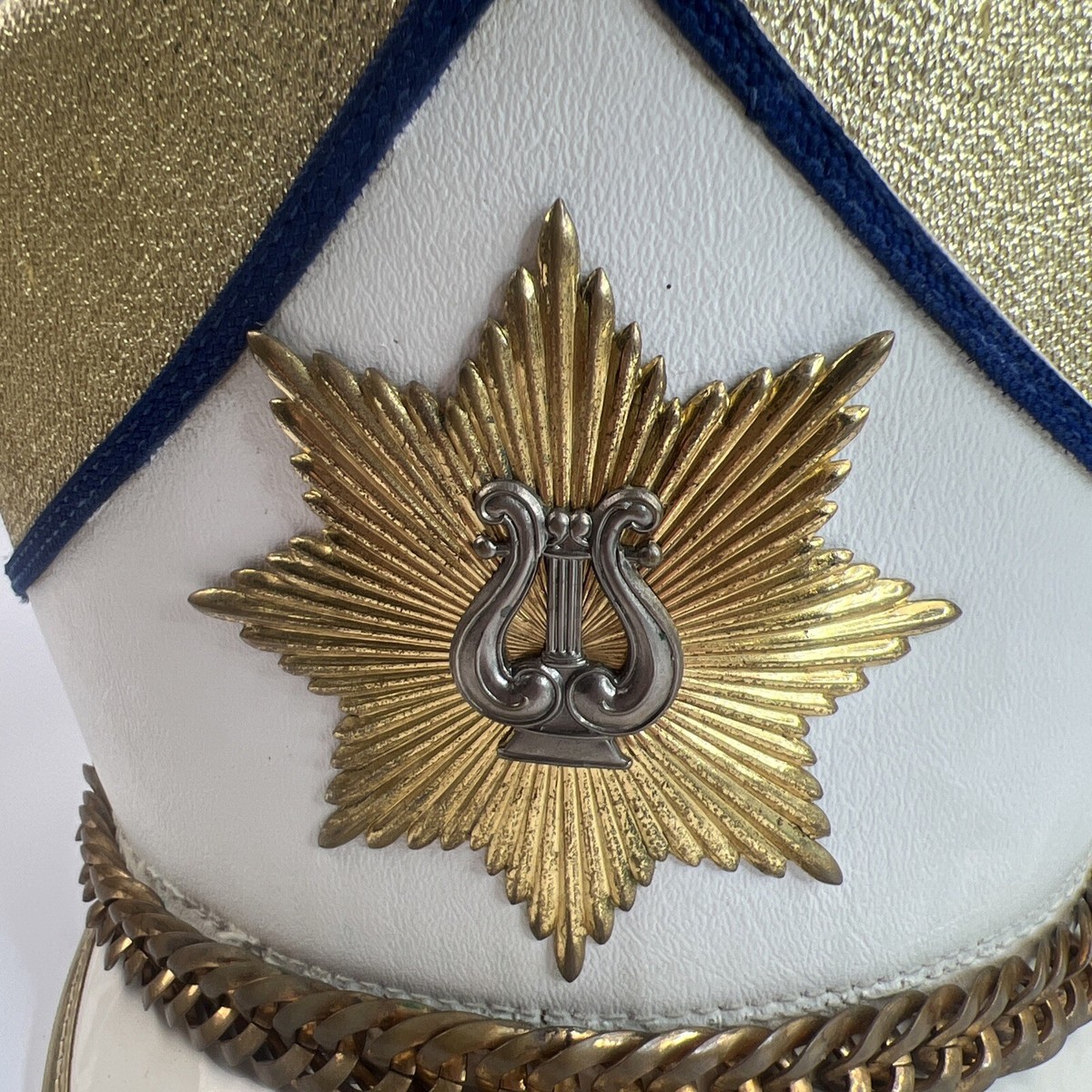 VINTAGE Gold, Blue Trim w/Chain Marching Band Hat UNIFORMS VINTAGE Gold, Blue Trim w/Chain Marching Band Hat UNIFORMS