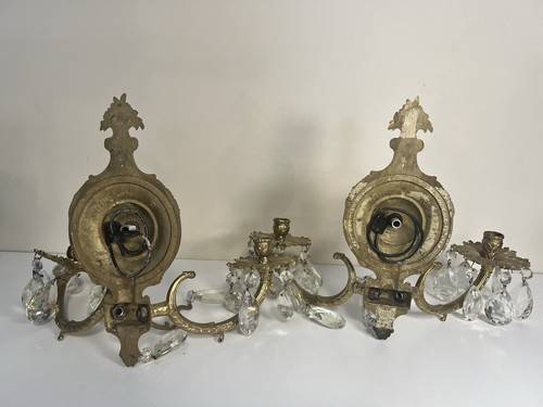 Vintage Pair Spanish Brass Crystal Candle Holder Wall Sconces High End Estate - Picture 17 of 21