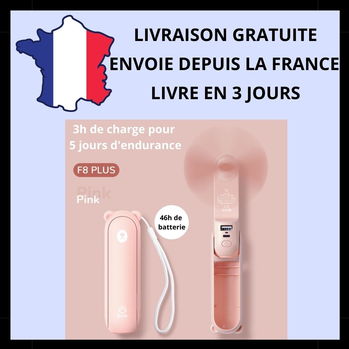 Mini ventilateur portable pour voyage rose rechargeable 3 en 1 anti-canicule