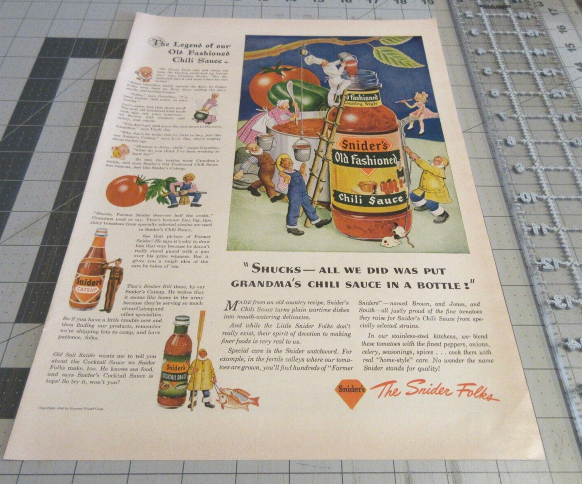 1943 Snider's Old-Fashioned Chili Sauce, Shucks, Vintage Print Ad