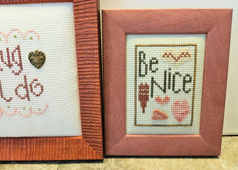 3 Wood Framed Handmade Cross Stitch "Be Nice,A Hug Will Do, Bloom" With Trinkets - Image 4 of 4