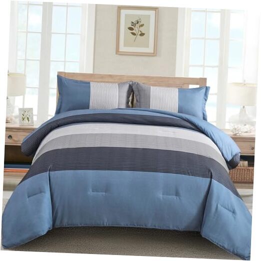 Comforter Set Size, Reversible Blue Grey Striped Patchwork Queen Light Blue-image