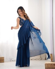 New Heavy Georgette Blue Saree With Blouse For Reception Designer Wedding Wear