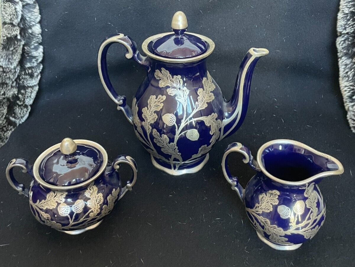 Sterling Silver Overlay Cobalt Blue Porcelain Coffee Set Oak Leaf