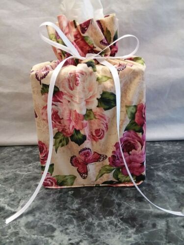 Roses Flowers & Butterflies Cotton Fabric, Handmade Square Tissue Box Cover - Picture 1 of 3