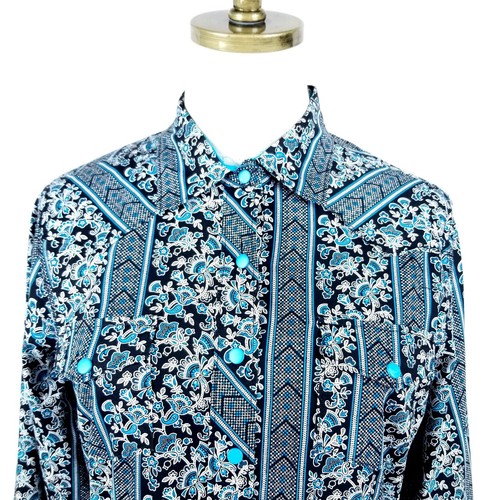 Cruel Western Shirt Womens Size M Black Blue Floral Snap Button Long Sleeve - Picture 2 of 7
