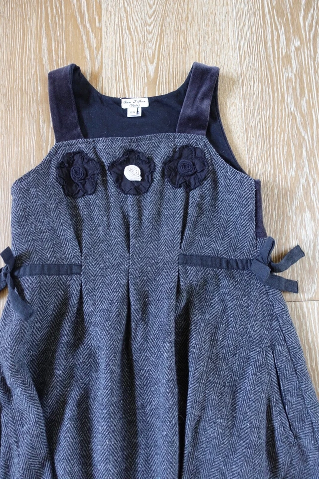 Eliane et Lena Girls Black Herringbone Cotton/Wool Jumper Dress Size 8 EUC - Image 2 of 4