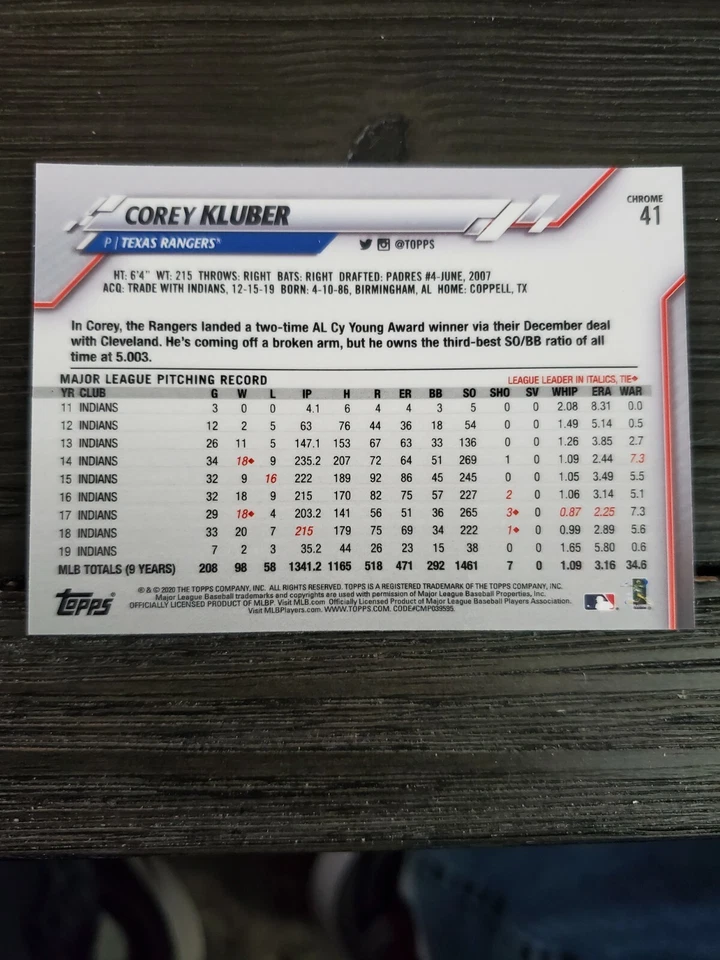 2020 TOPPS CHROME PRISM REFRACTOR #41 COREY KLUBER TEXAS RANGERS - Image 2 of 2