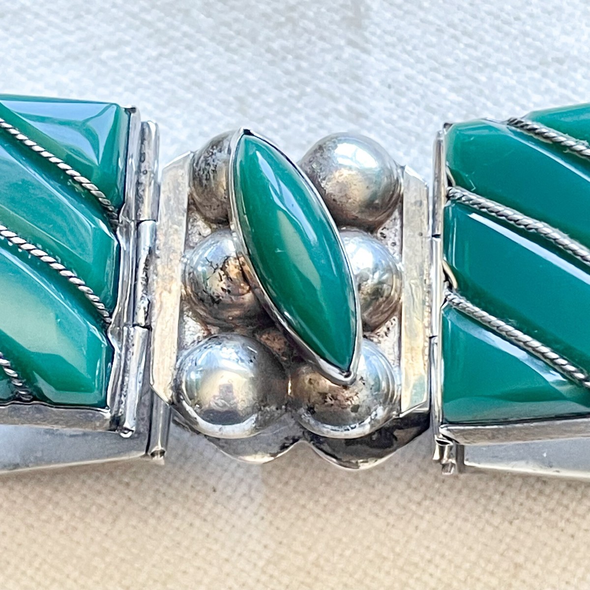 Vintage 40s Mexican 925 Sterling Silver Bracelet + Green