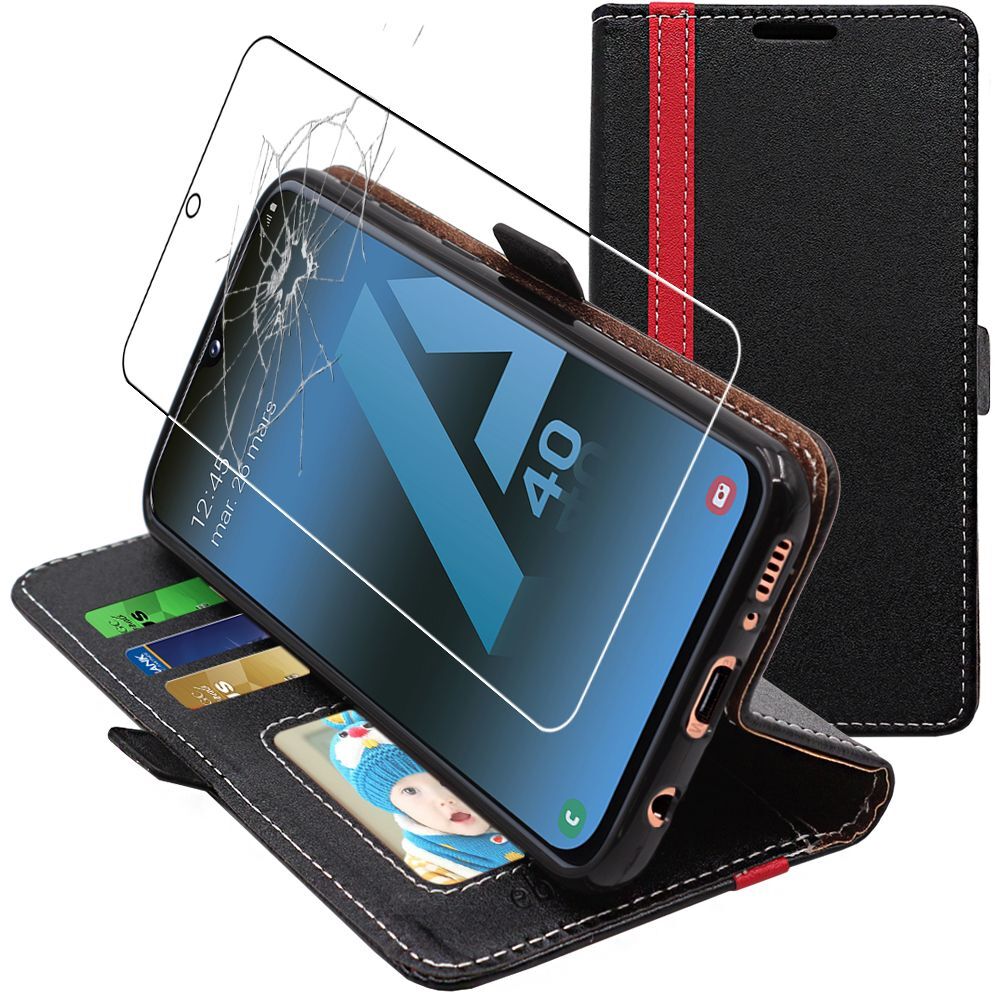 Cover Samsung A40 Galaxy A405F Custodia Portafoglio + Vetro Temperato, Nero