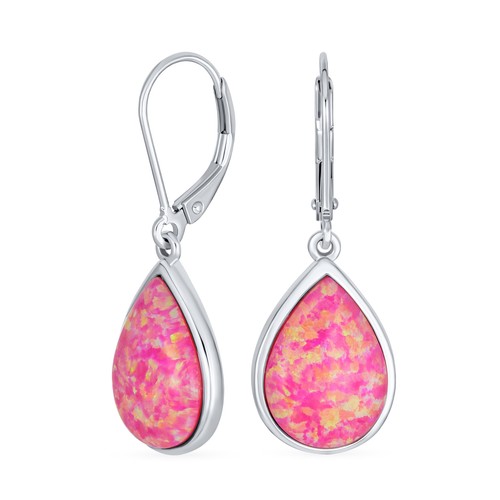 Pink Created Opal Teardrop Dangle Earrings in Sterling Silver Leverback - 第 1/8 張圖片