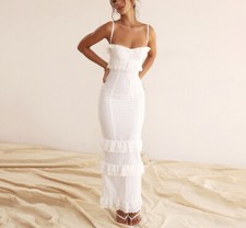 Women White Off Shoulder Layered Ruffle Slip Wrap Evening Party Long Dress